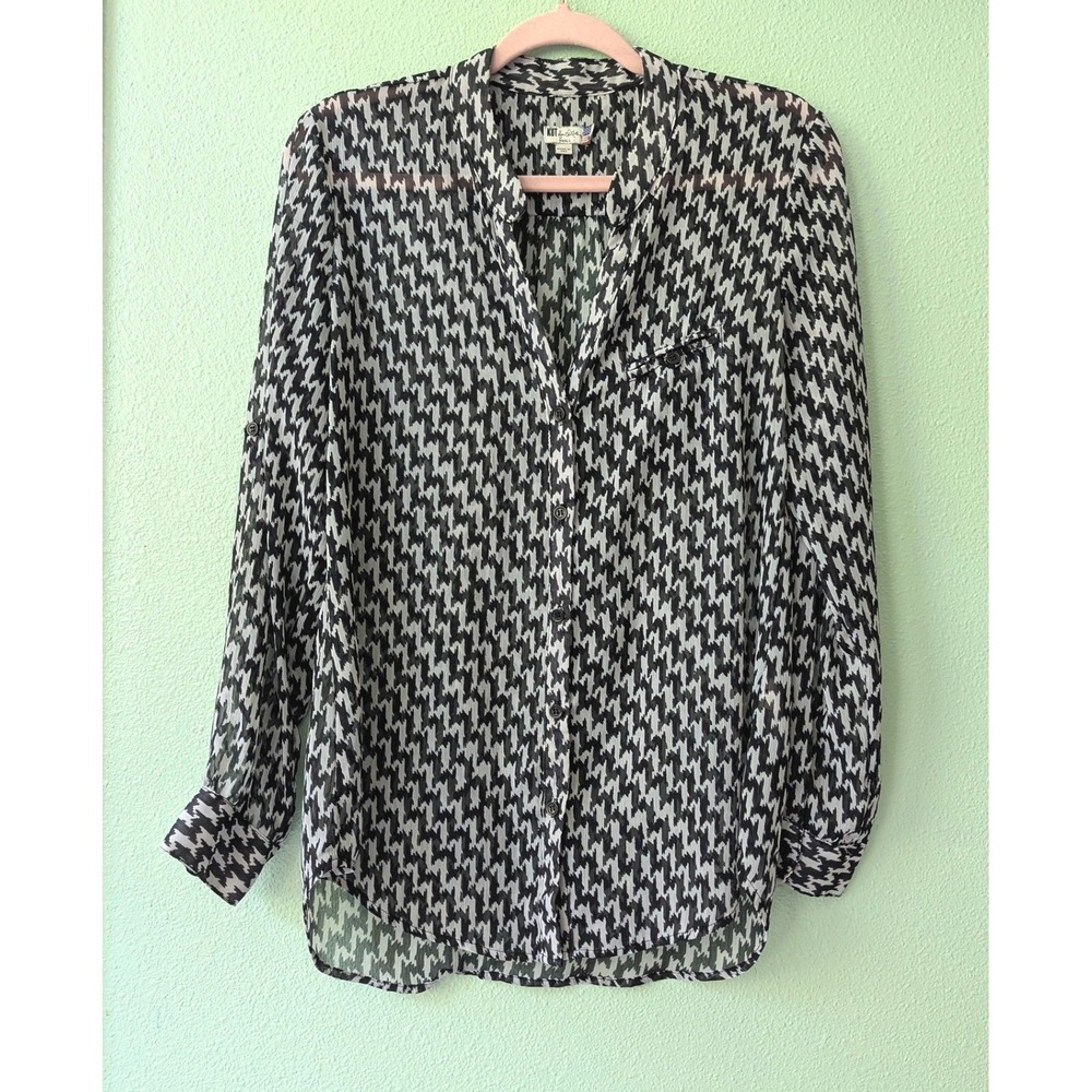 KUT from the Kloth Black White Houndstooth Sheer Tab Sleeve Button Down Blouse L